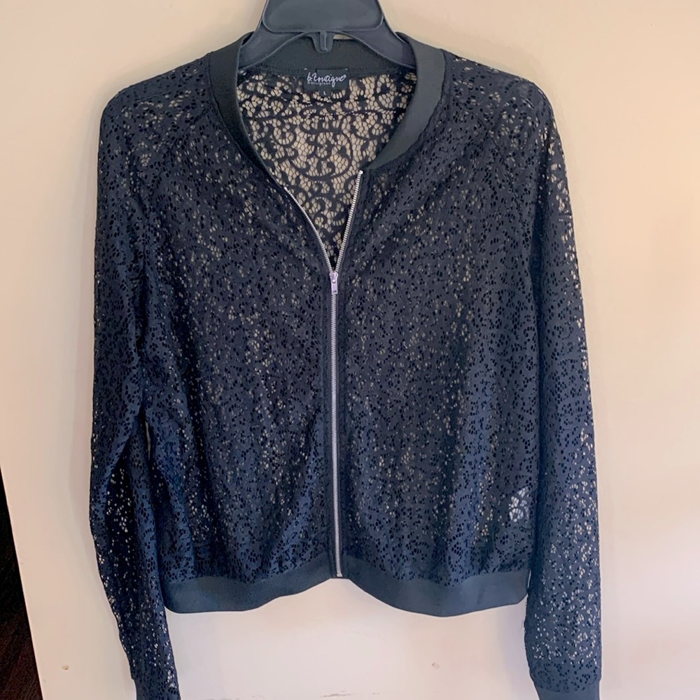 This beautiful black lace bomber jacket is on trend!
